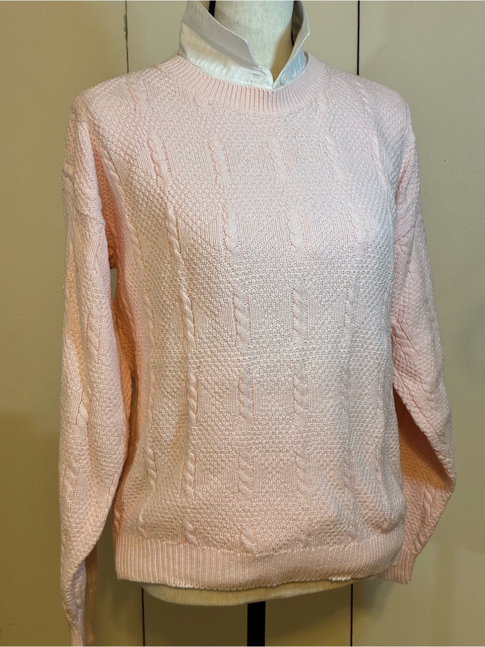 Vintage Talbots Light Pink Cable-Textured Crewneck Sweater made in USA